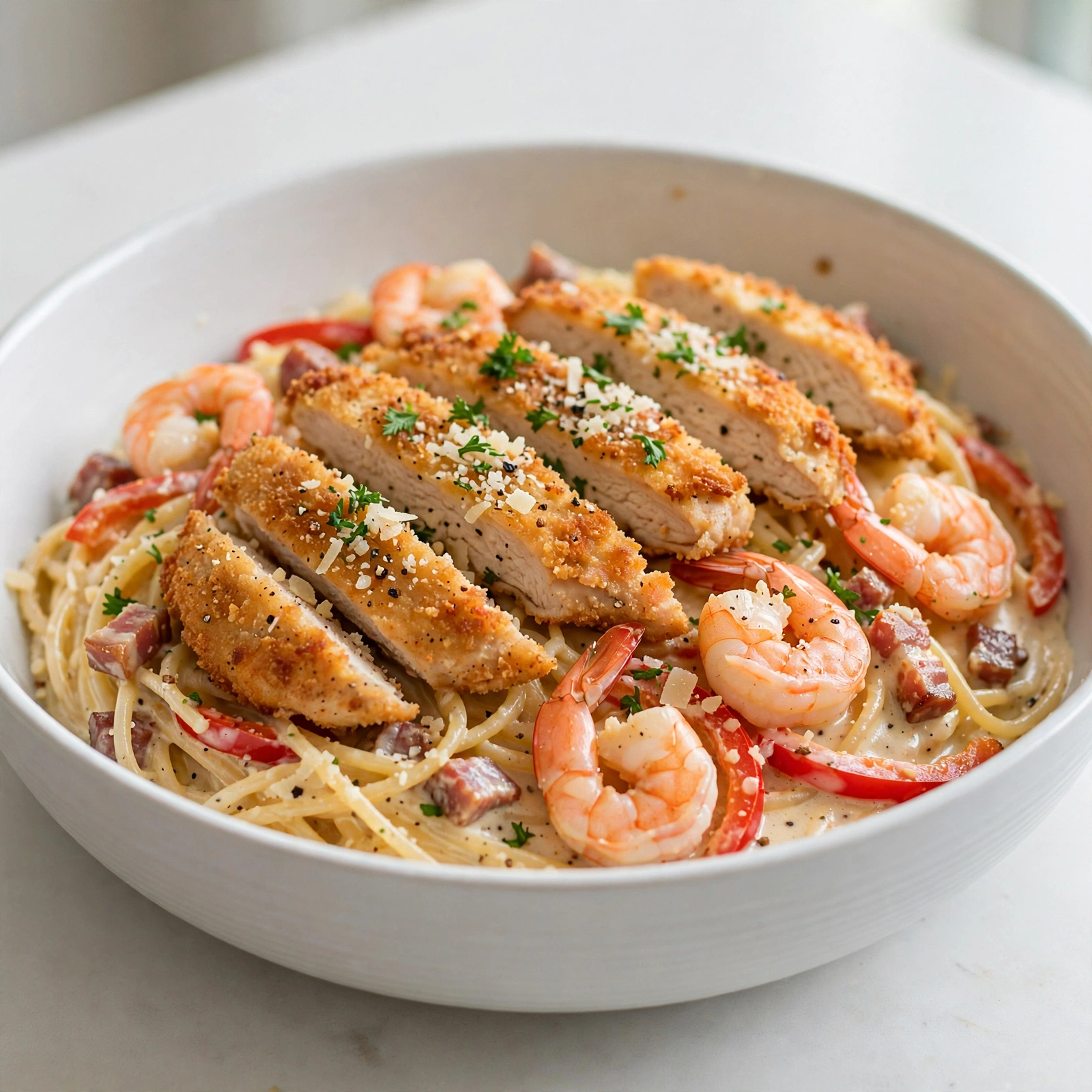 Copycat Olive Garden Chicken and Shrimp Carbonara