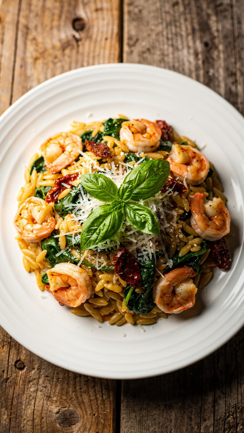 Creamy Tuscan Shrimp Orzo with Spinach and Sun-Dried Tomatoes