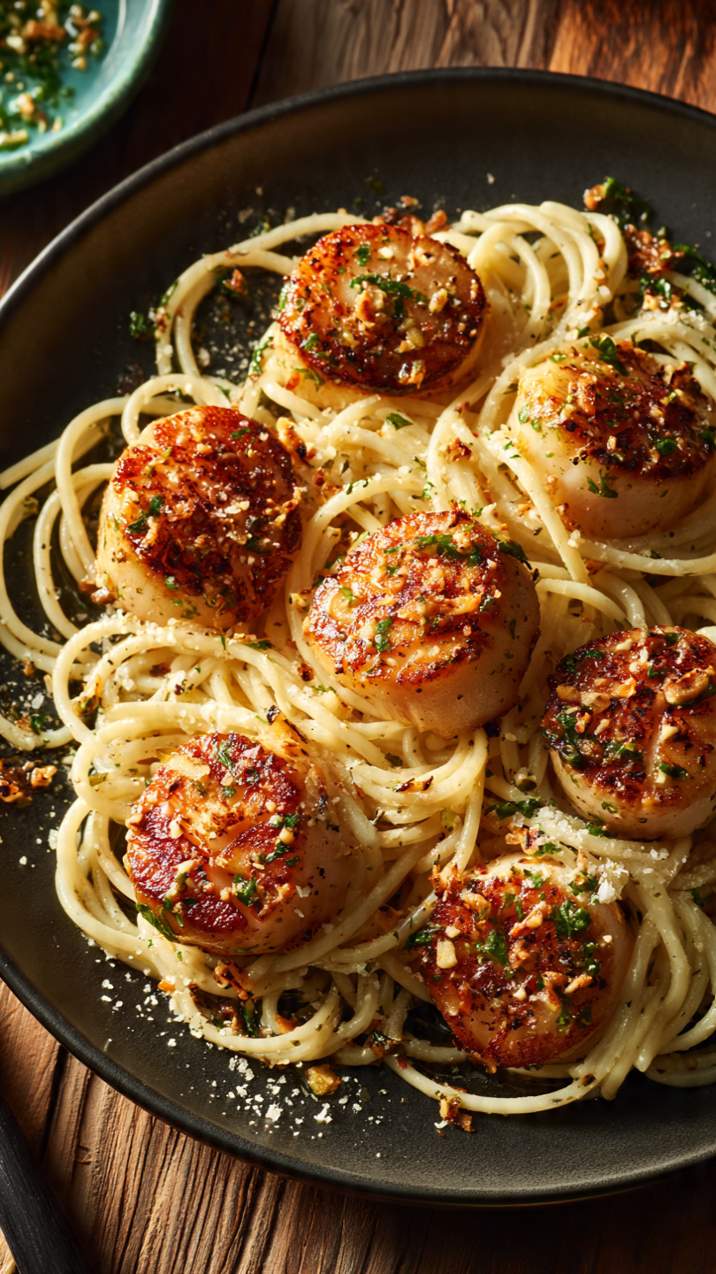 Seared Scallops Over Garlic Pasta