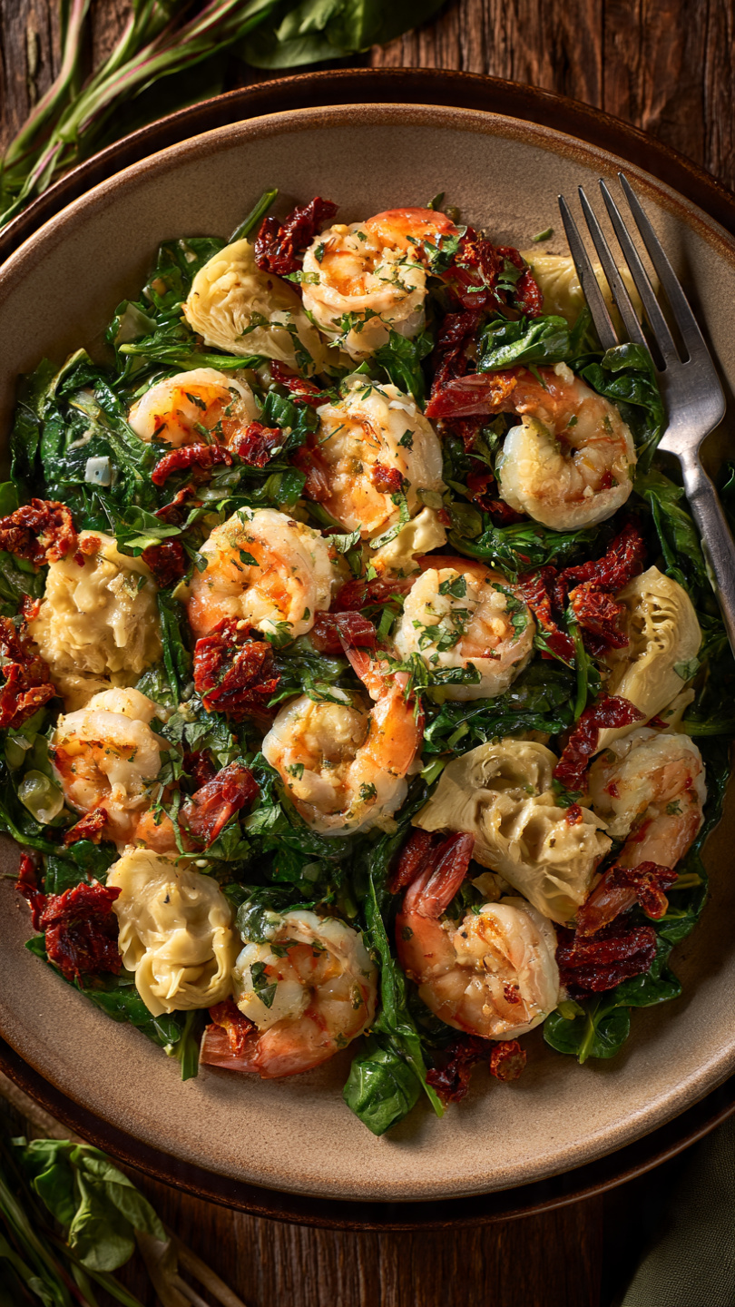 Tuscan Shrimp with Spinach, Artichokes, and Sun-Dried Tomatoes